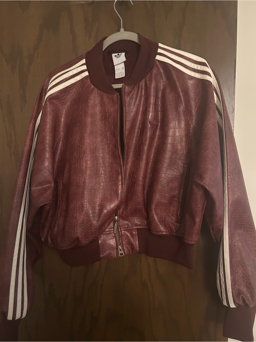 Adidas Faux Leather Burgundy Croc-Embossed Bomber Jacket with White Stripes